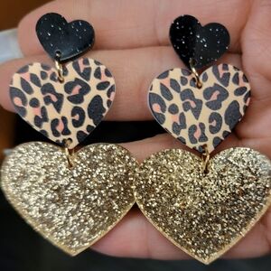 Leopard Print and Glitter Heart Earrings